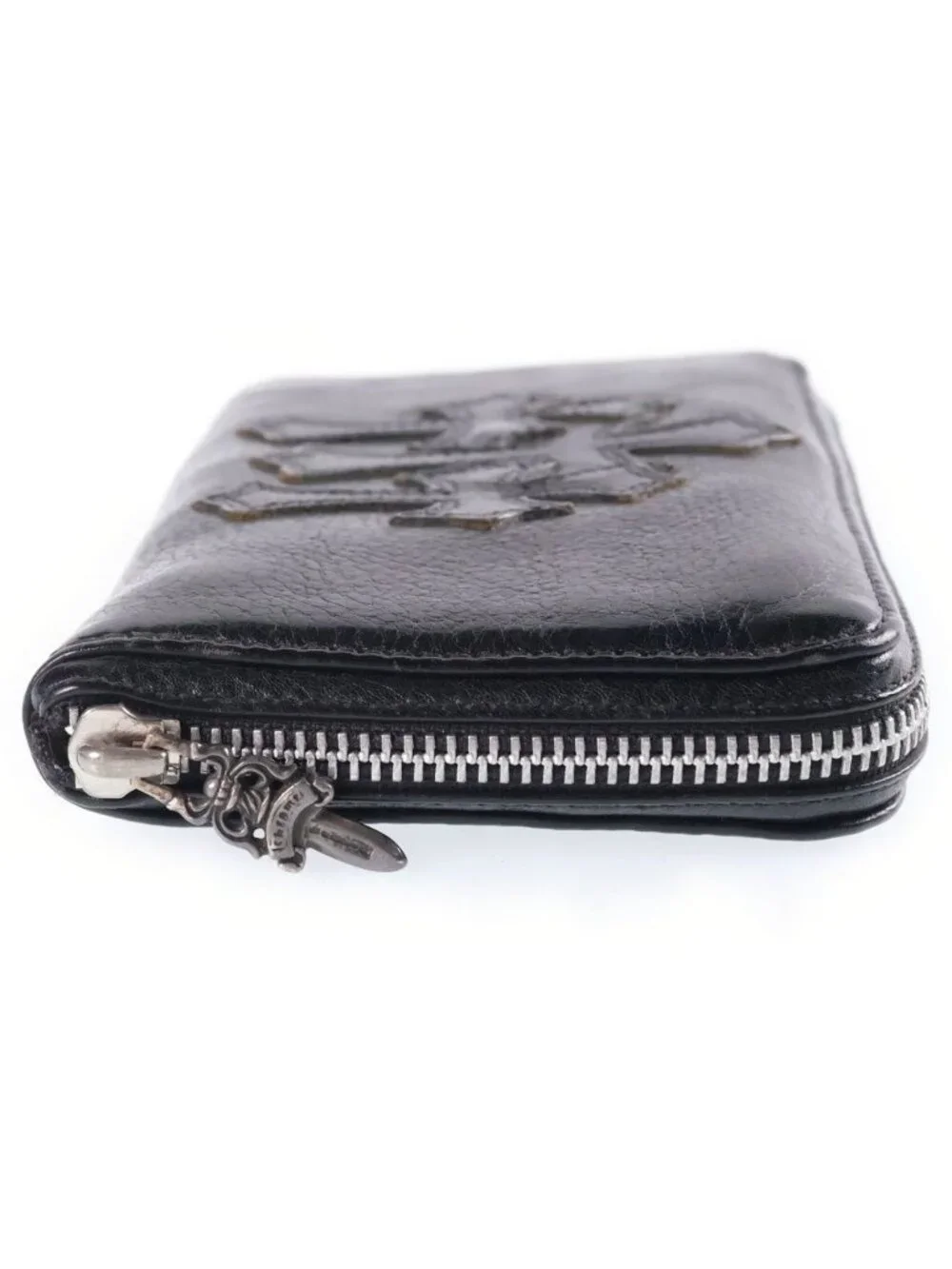 Chrome Hearts Rec Zip 3 Cross Round Zip Leather Wallet Black